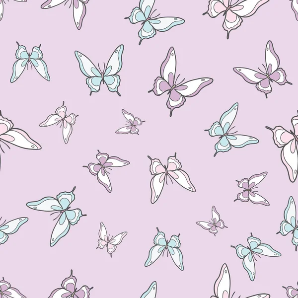 Pastel mor kelebek kusursuz tekrar desenli dizayn, sevimli kelebek vektör duvar kağıdı. Kız yay desenli arkaplan.