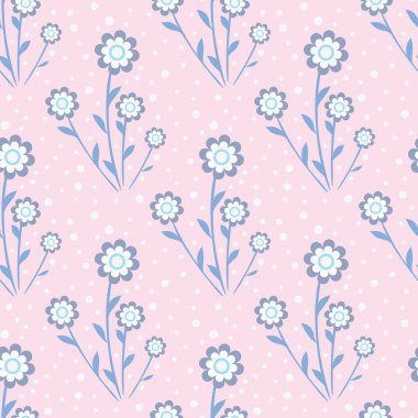 Vektör çiçek deseni, kusursuz çiçek arkaplanı, pembe ve mavi noktalı tekrar..