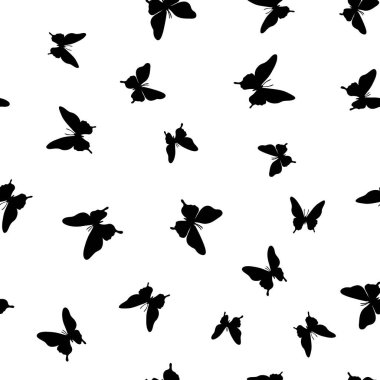 Vektör kelebeği kusursuz tekrarlanmayan desen tasarımı arka planı. Siyah ve beyaz kelebek silueti deseni.