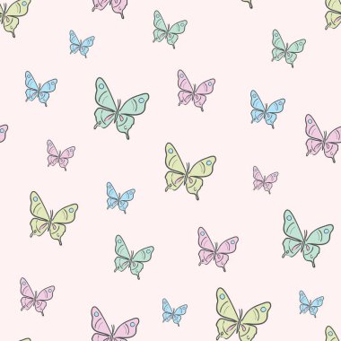 Pastel kelebek kusursuz tekrar desenli dizayn, sevimli kelebek vektör duvar kağıdı. Kız yay desenli arkaplan.