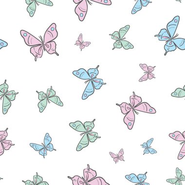 Pastel kelebek kusursuz tekrar desenli dizayn, sevimli kelebek vektör duvar kağıdı. Kız yay desenli arkaplan.