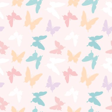 Vektör kelebeği kusursuz tekrarlanmayan desen tasarımı arka planı. Basit kelebek silueti, tatlı kız pastel deseni. Vintage kelebek deseni.