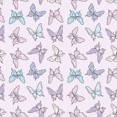 Pastel kelebek kusursuz tekrar desenli dizayn, sevimli kelebek vektör duvar kağıdı. Kız yay desenli arkaplan.