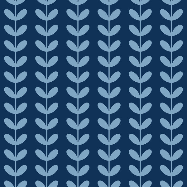 Dark blue stripes, leaf vector pattern, seamless botanical print, garland background, endless repeating tile.