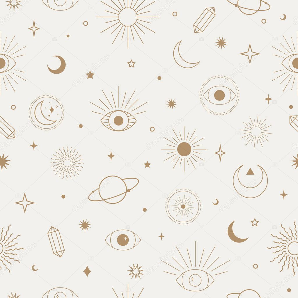 Vector magical seamless repeat pattern with constellations, sun, moon, magic eyes and stars. Mystical esoteric background, astrology wallpaper.