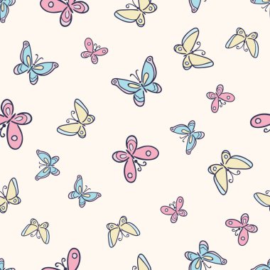 Şirin kelebek karalamalarıyla renkli vektör tekrarlama deseni, çocuklar için kusursuz tekrarlayan tasarım.