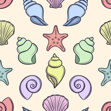 Renkli deniz kabukları elle çizilmiş elementlerle yaz için kusursuz vektör deseni