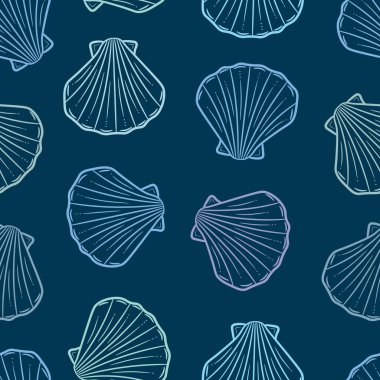 Mavi deniz kabuğu vektörü elle çizilmiş elementlerle deseni tekrarla