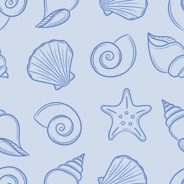 Mavi deniz kabuğu dikişsiz vektör deseni, tekrarlanan arkaplan