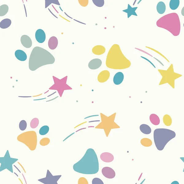 Cute Colorful Vector Repeat Pattern Pets Paws Shooting Stars — Wektor stockowy