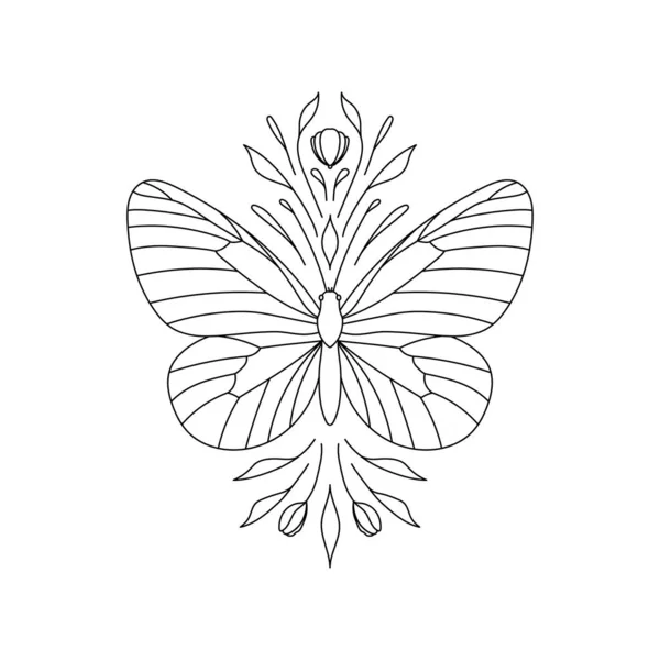 Butterfly Line Art Illustration Leaves Symmetrical Design Isolated — Stock Vector