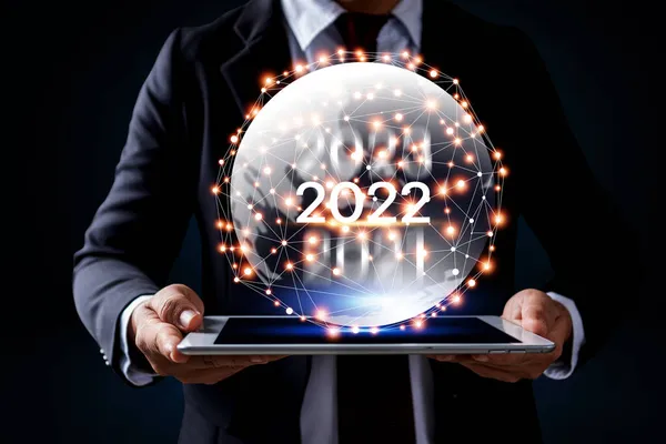 Trends Online Connection Metaverse Businesses 2022 Hand Holding Tablet World — Stock Photo, Image