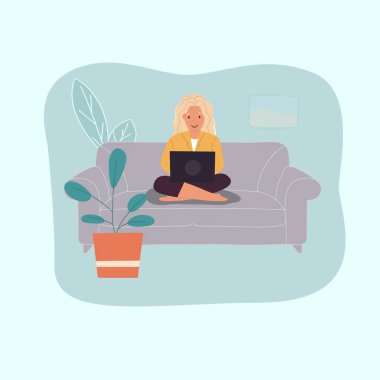 business woman working online on laptop at home on sofa, girl with technology
