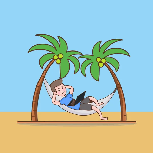 Happy Businessman Freelance Resting Working Laptop Cot Seaside Beach Cartoon — стоковый вектор