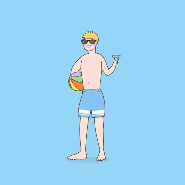 Man Tourist Holding Ball Soft Drink Cartoon Character Illustration Summer — стоковый вектор