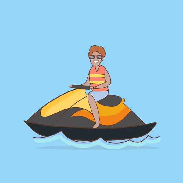 African Man Wearing Life Jacket Riding Speedboat Sea Cartoon Character — стоковый вектор