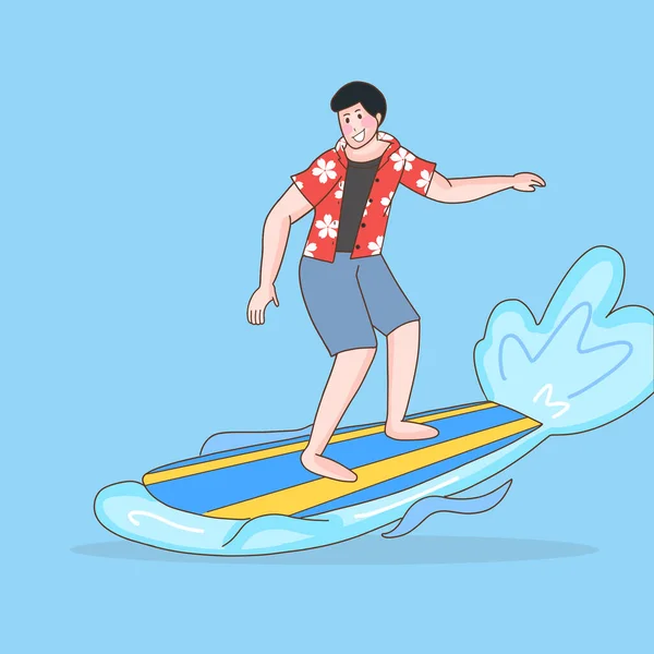 Young Man Surfing Sea Cartoon Flat Design Man Activities Outdoor — стоковый вектор