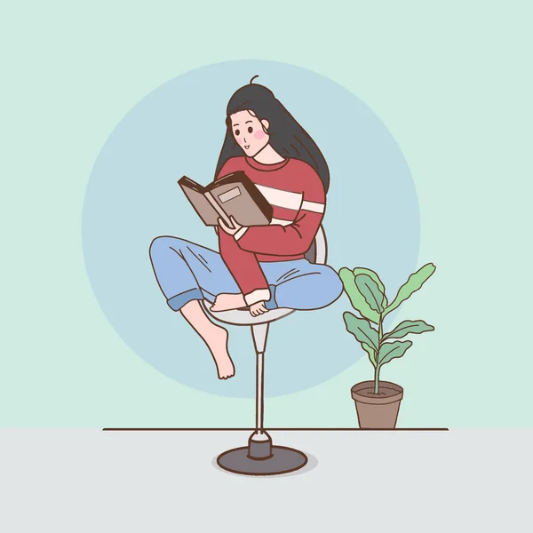 Mujer Joven Descansando Sillón Libro Lectura Casa Acogedora Relajado Descanso — Vector de stock