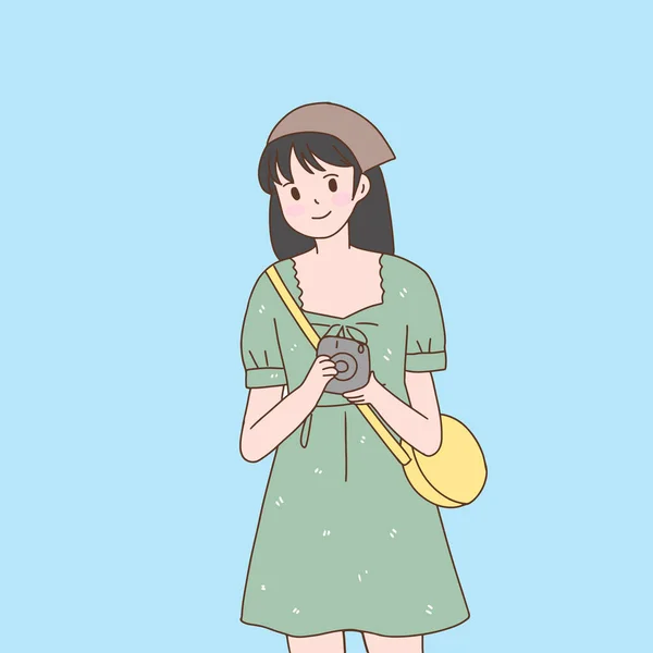Young Cute Woman Cartoon Characters Illustrations Take Photos Holding Camera — ストックベクタ