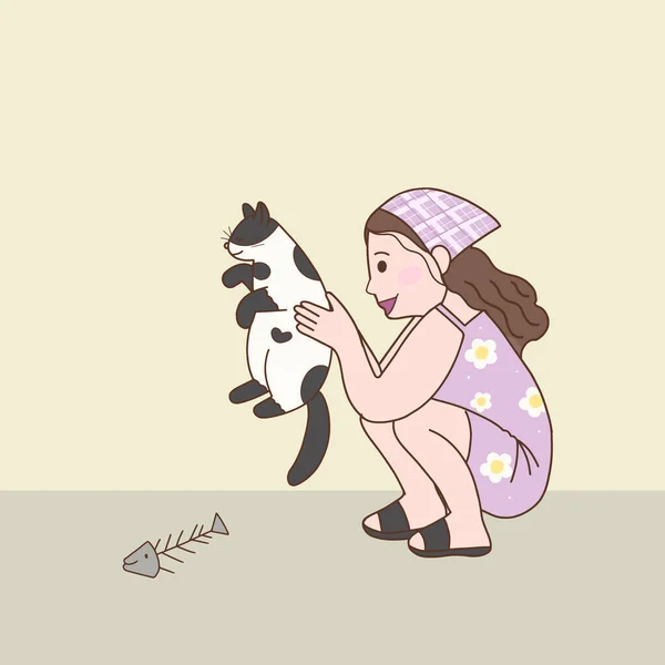 Woman Cartoon Characters Illustrations Play Cat Take Care Pet Animal — Stockový vektor