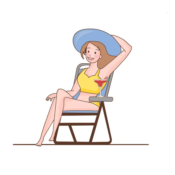 Beautiful Girl Sit Chair Drink Juice Beach Summer Event — стоковый вектор