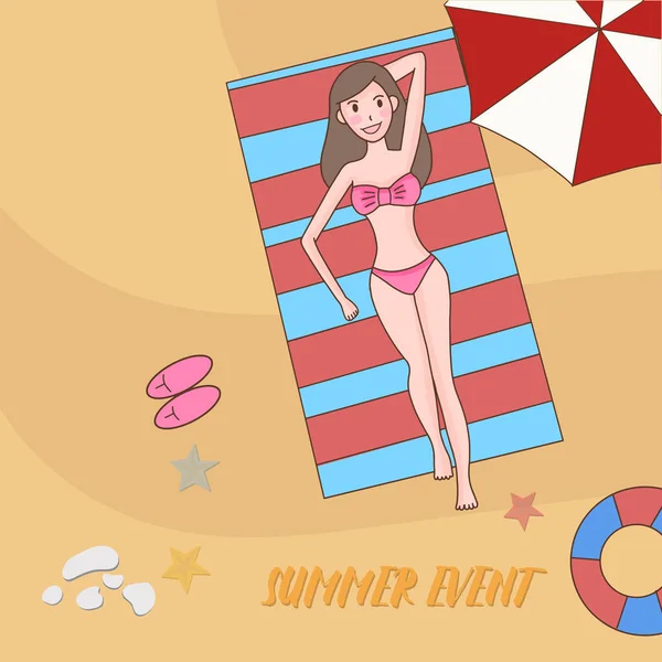 Girl Having Sunbathing Beach Summer Event — стоковый вектор