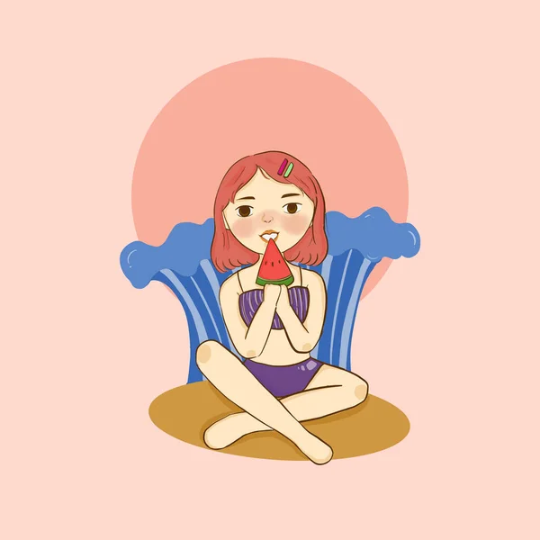 Mujer Comer Sandía Playa Verano Personaje Dibujos Animados Chica — Vector de stock