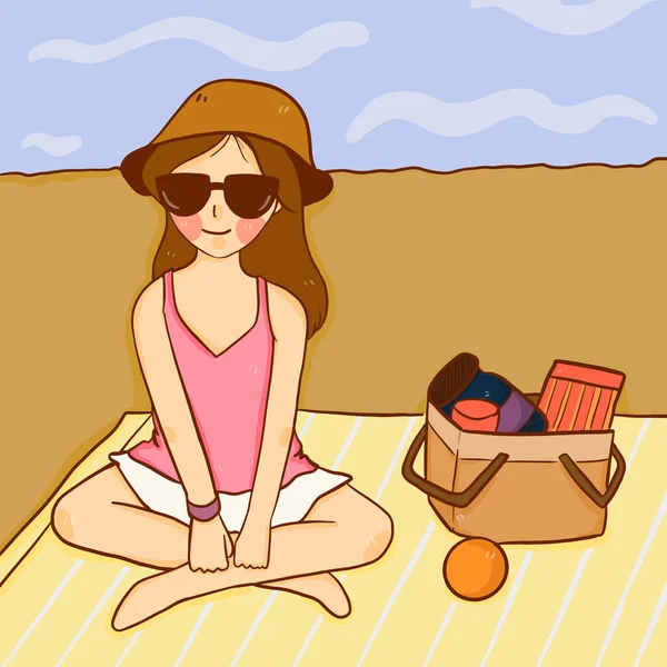 Woman Wearing Sunglasses Relaxed Sitting Beach Summer — стоковый вектор