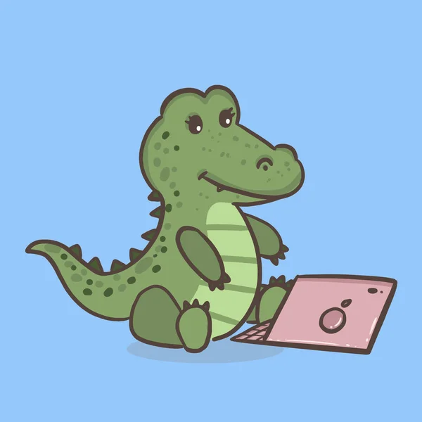 Cute Alligator Cartoon Character Student Studying Online Laptop Illustration Back — Archivo Imágenes Vectoriales