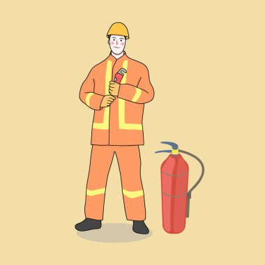 fireman or firefighter with fire extinguisher