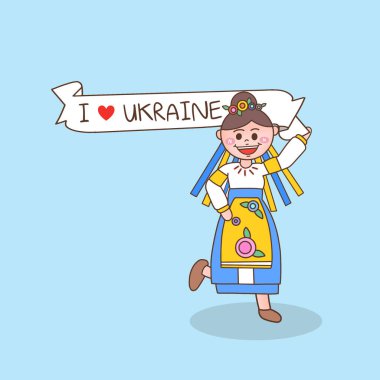 Ukraynalı genç bir kızın elinde işaret var, Ukrayna 'yı seviyorum, barış sembolü ve savaş konsepti yok. 