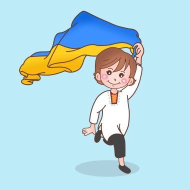 Ukrayna halkı, elinde bayrak tutan genç çocuk savaşı durdurmak için kaçıyor barış sembolü ve savaş kavramı yok. 