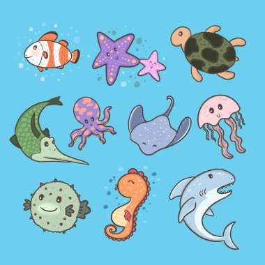 Bir grup deniz hayvanı, su altı, balık, kaplumbağa, denizanası, köpekbalığı, deniz atı ve ahtapot. 