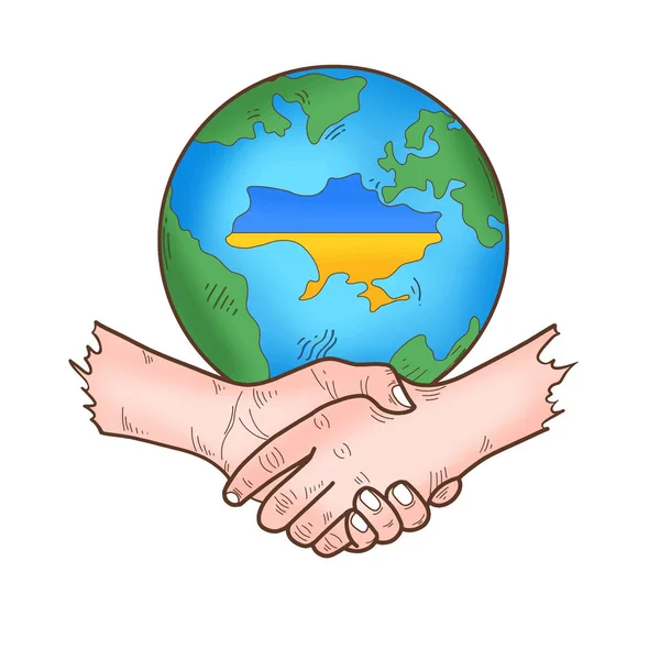 Handschlag Der Zusammenarbeit Der Menschen Mit Landkarte Der Ukraine Friedenssymbol — Stockvektor