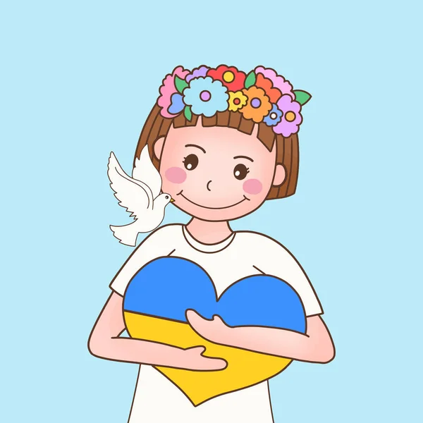 Jovem Ucrânia Menina Abraçar Coração Olhar Para Pássaro Alado Símbolo —  Vetores de Stock