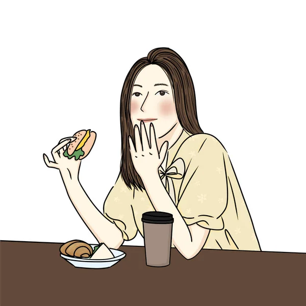 Женщина Завтракает Гамбургер Пить Кофе — стоковый вектор