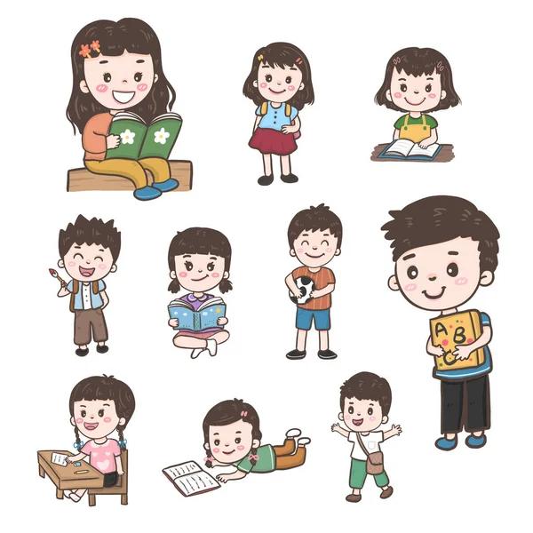 Set Young Kid Student Character Learning Illustration — Stock Vector