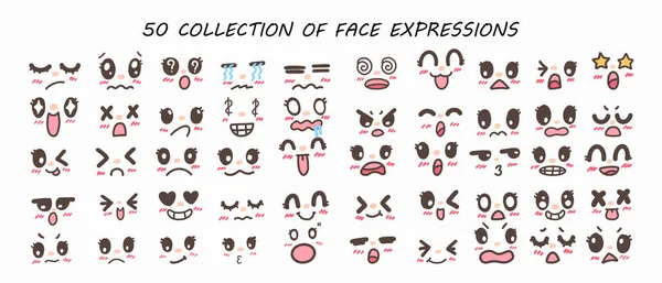 顔の表情のコレクション 漫画の顔 表情豊かな目と口 泣きと驚きのキャラクターの表情 — ストックベクタ