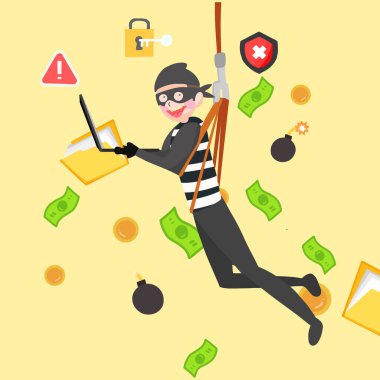 Dizüstü bilgisayardaki bilgisayar korsanının düz çizimi,