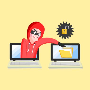 Dizüstü bilgisayardaki bilgisayar korsanının düz çizimi,