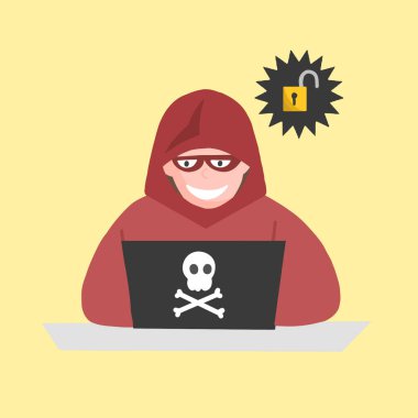 Flat illustration of hacker at laptop,
