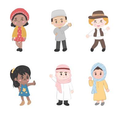 Collection of happy girls and boys portrait character illustration vector, diversity kids of nationalities 