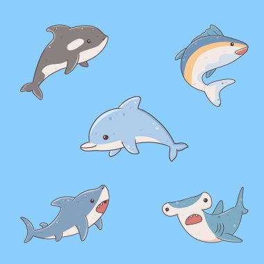 Balıklar ve vahşi deniz hayvanları mavi arka planda izole edilmiştir. Deniz dünyasının sakinleri, tatlı, komik sualtı yaratıkları. 