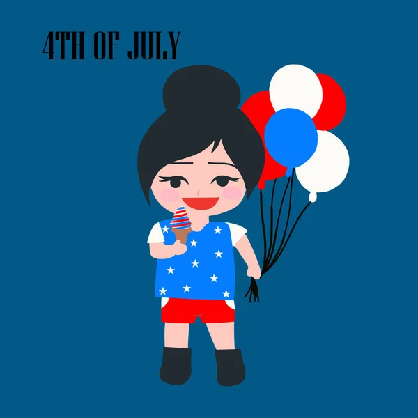 Κυρία Αμερικανίδα Γιορτάζει Κρατώντας Παγωτό Και Μπαλόνια Στις Ιουλίου — Διανυσματικό Αρχείο