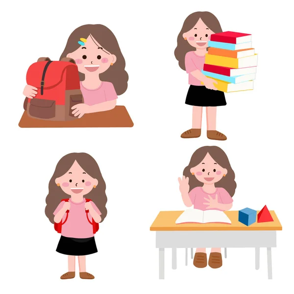 Young School Girl Set Kid Child Study Activities School — Stockvektor