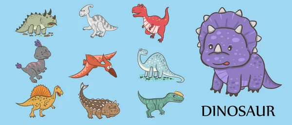 Clipart Set Cute Colored Dinosaurs Rex Diplodocus Triceratops Vector Illustration — Stock vektor