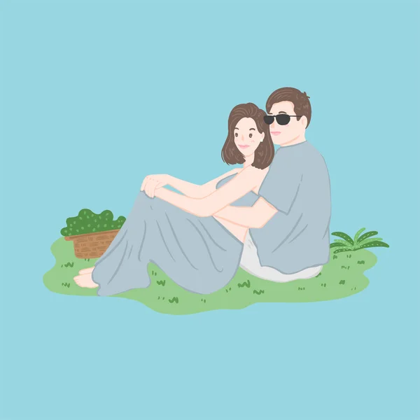 Couple Amour Assis Dans Parc Romantique Plein Air — Image vectorielle