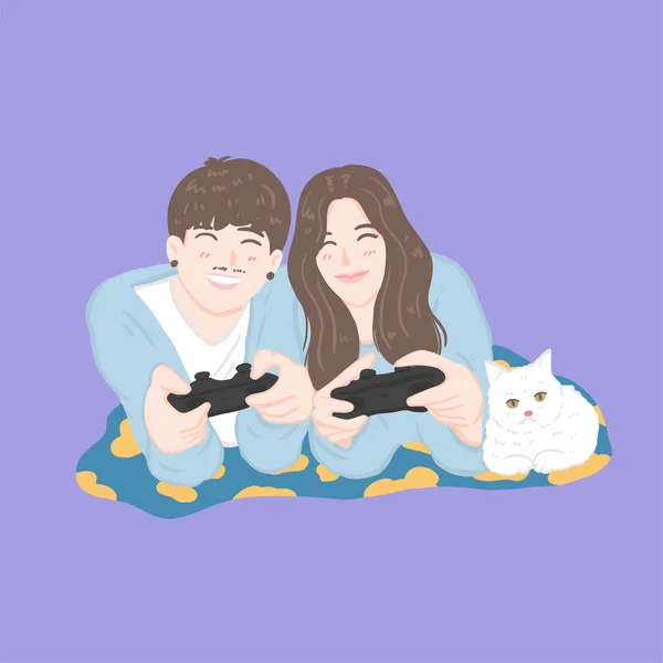 Love Couple Play Game Holding Press Joystick Happy Enjoy Playing — Διανυσματικό Αρχείο