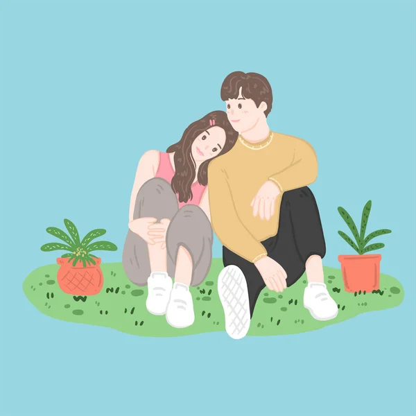 Love Couple Sit Park Romantic Outdoor — Stock vektor
