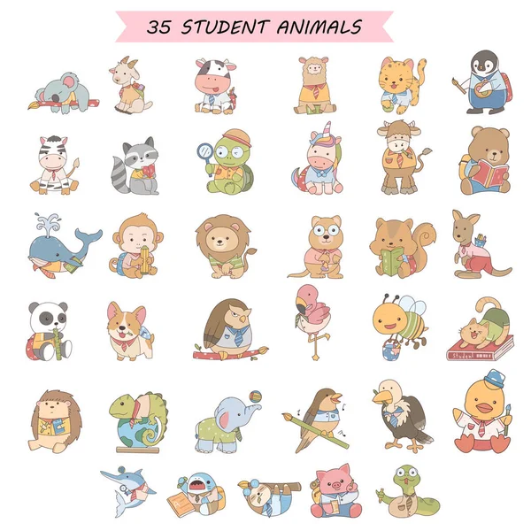 Cute Cartoon Student Animal Holding Pencil Paper Back School — Stock vektor
